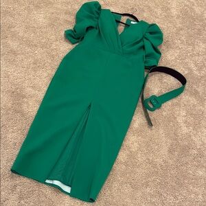 Green Sheath Midi Dress with Ruffled Puff Sleeves